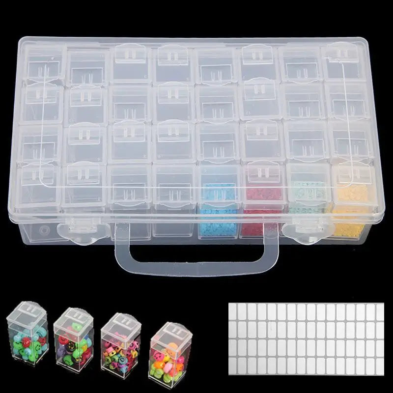 A clear multi-compartment storage box for crafts, beads, and jewelry with various colored components.