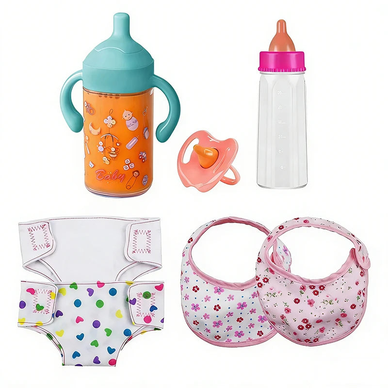 A set of baby feeding and care accessories including a bottle, a silicone toy, and pink fabric items for a baby.