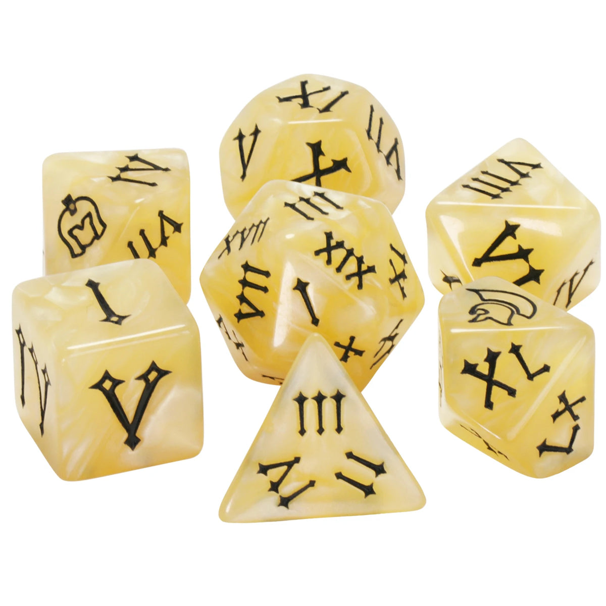 A set of seven elegant polyhedral dice in a pale yellow color, showing various Roman numerals and symbols.