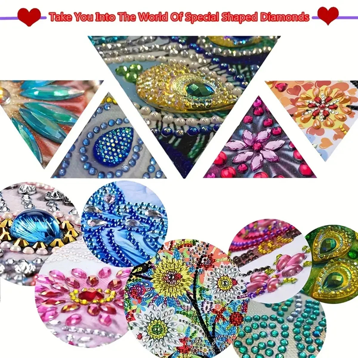 A collection of colorful and iridescent special shaped diamonds used in a painting kit.