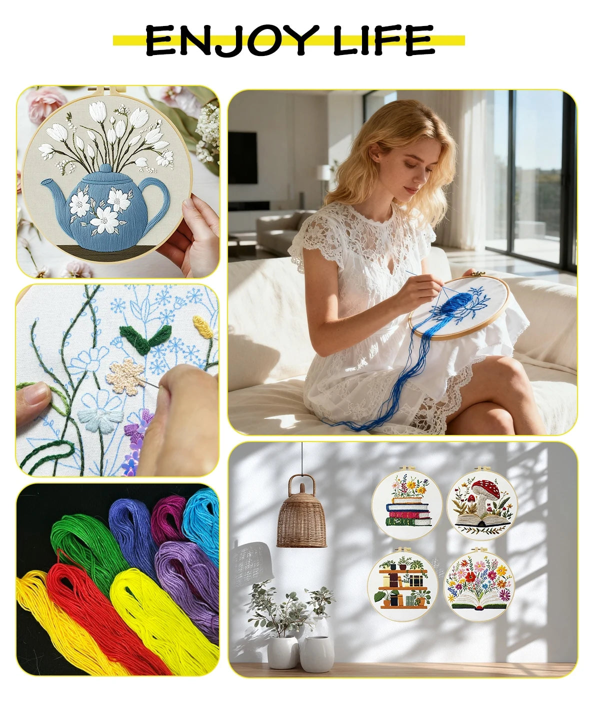 A DIY cross stitch starter kit featuring embroidery designs of flowers and plants on fabric.