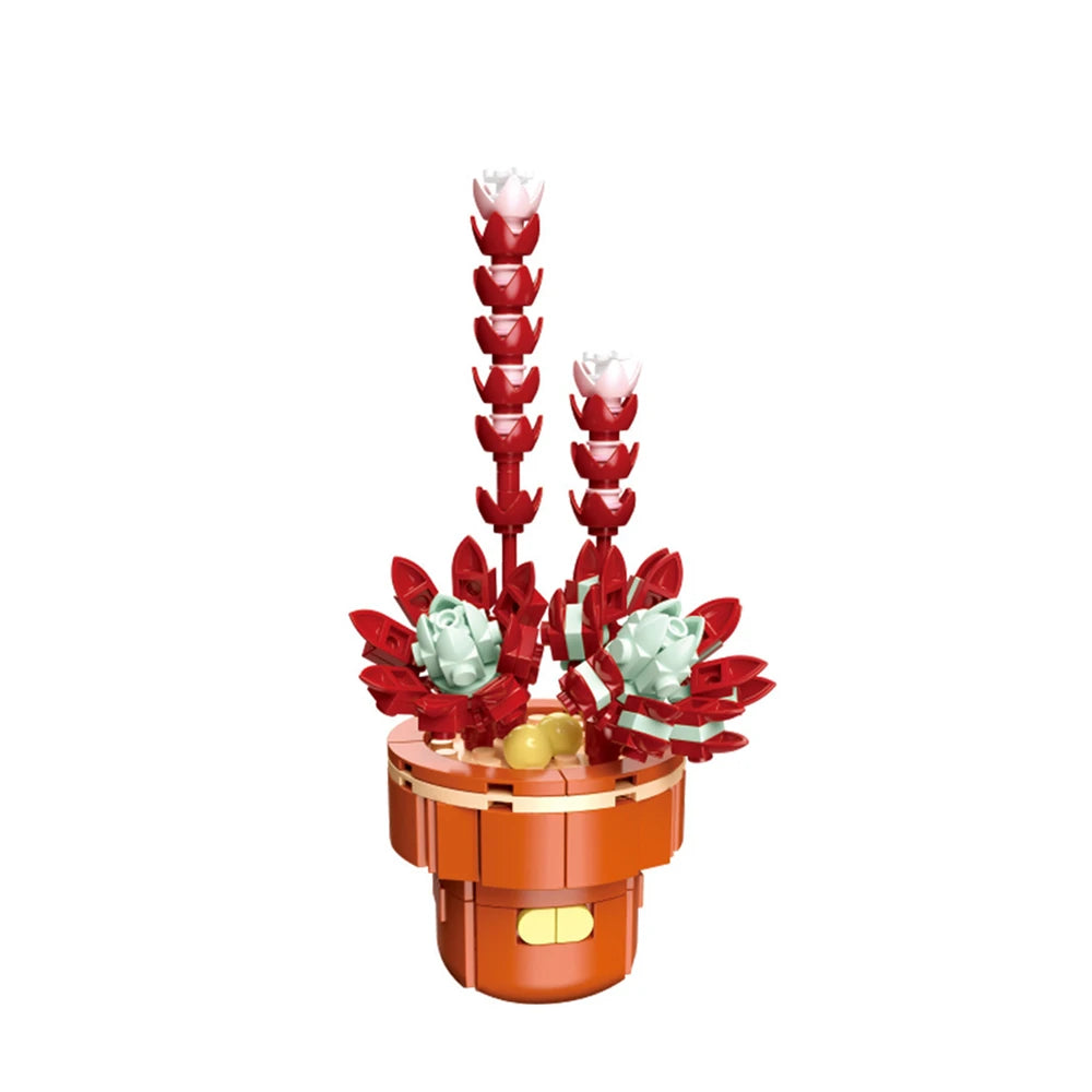 A set of red and light green floral building blocks resembling a plant or flower arrangement.