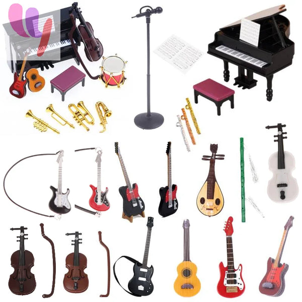 A collection of 1:12 scale miniature piano furniture and musical instruments including a piano, various brass instruments, an