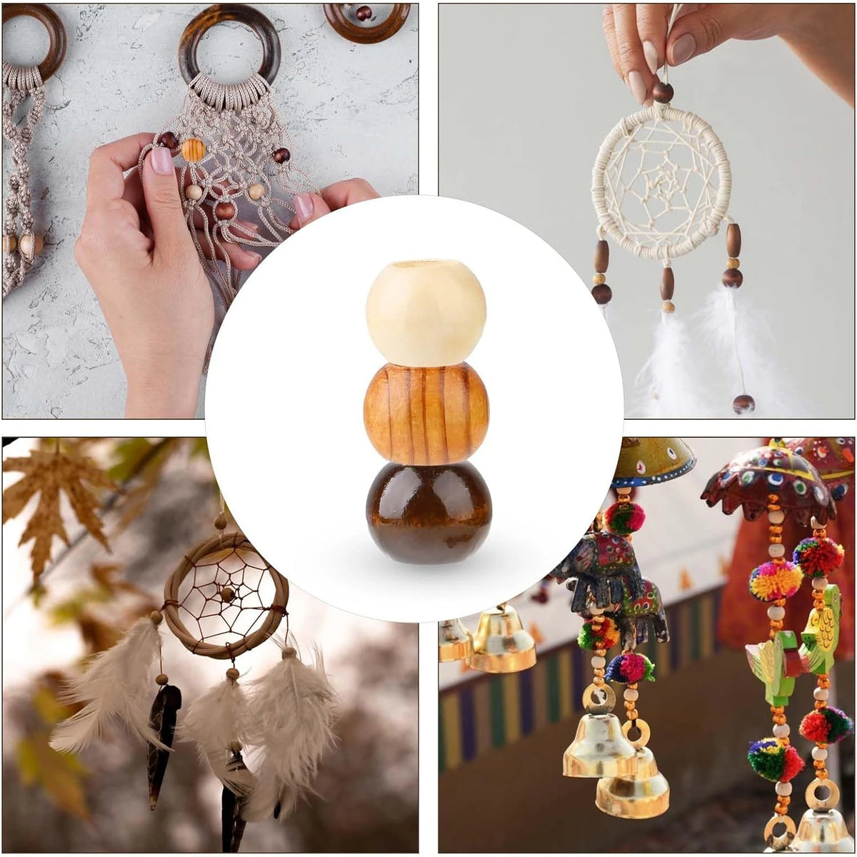 A collection of natural wooden spacer beads used for jewelry making and crafts, shown in various sizes and arrangements.