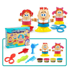 A colorful hair dressing playset featuring plastic dolls, tools, and accessories for kids.