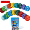 A set of 18 colorful math fact fidget spinners in various colors and designs for educational play.