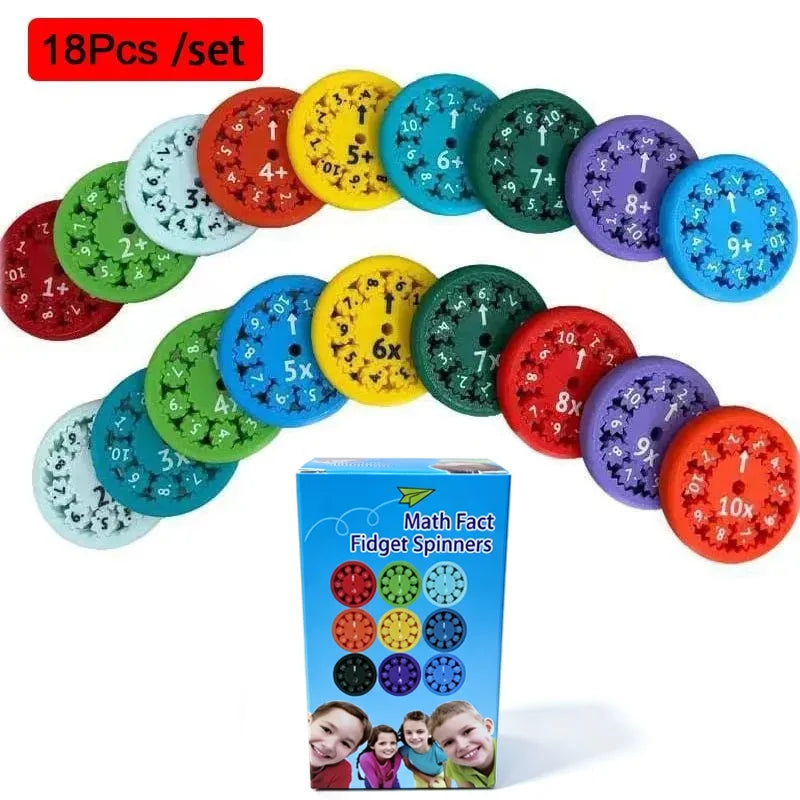 A set of 18 colorful math fact fidget spinners in various colors and designs for educational play.