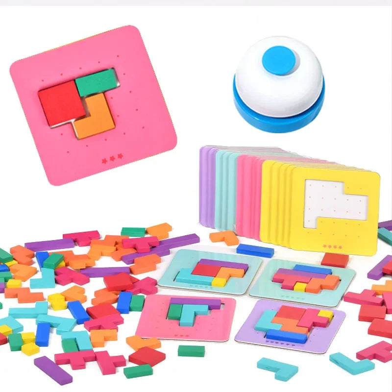 A set of wooden tangram puzzle pieces and a white ball game piece are displayed on a white background.