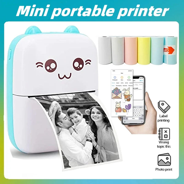 A white portable photo printer is shown with various colored rolls and a smartphone displaying printing options.