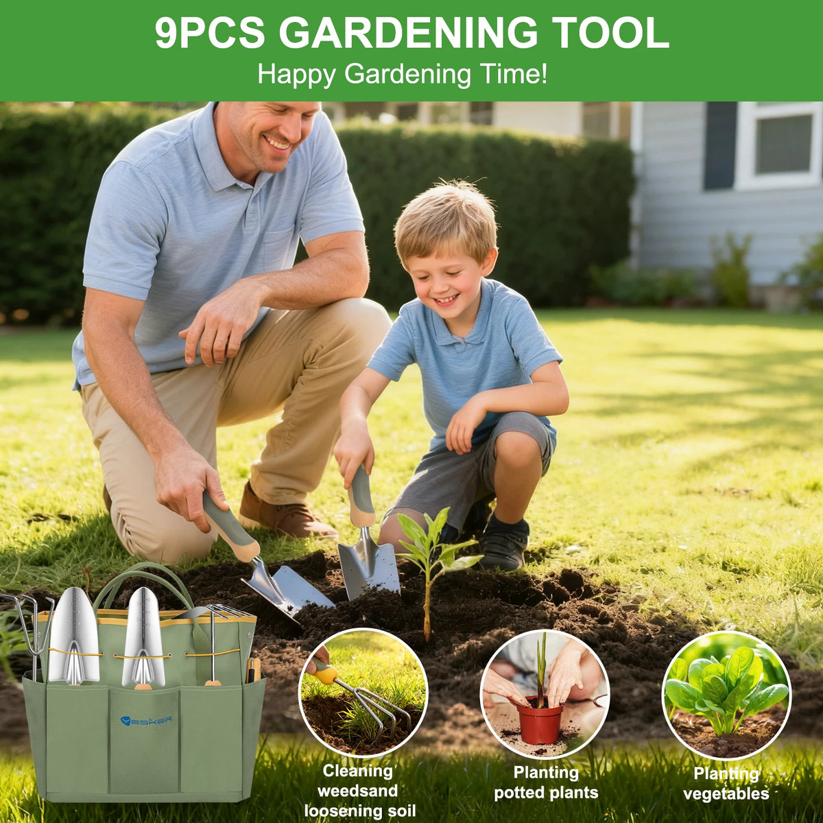 9-Piece Heavy Duty Gardening Tool Set with Ergonomic Handles and Storage Bag