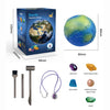 A box set of planet mining tools including a pick, hammer, and various gemstone samples like amethyst and agate.