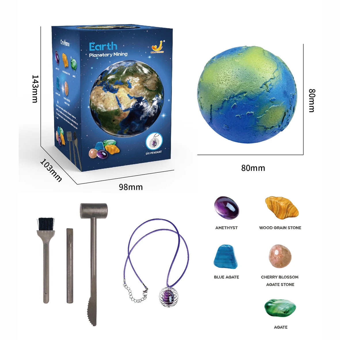 A box set of planet mining tools including a pick, hammer, and various gemstone samples like amethyst and agate.