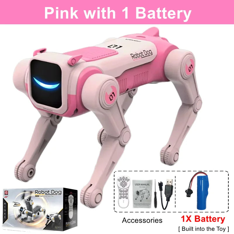 Pink Robot Dog toy with a screen and battery, shown next to accessories.