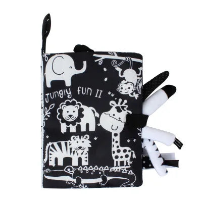 A black sensory cloth book featuring jungle animals like an elephant and lion for babies.