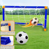 A portable soccer goal set with a blue frame, net, and ball is shown on a green field.
