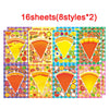 A set of 16 sheets of DIY pizza sticker craft kit for kids featuring various pizza designs and toppings.