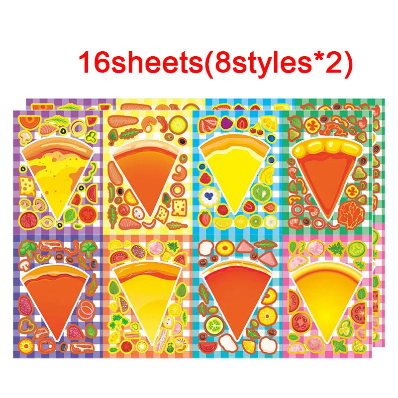 A set of 16 sheets of DIY pizza sticker craft kit for kids featuring various pizza designs and toppings.