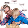 A father and son play a wooden memory match stick chess game, illustrating family parenting and memory training.