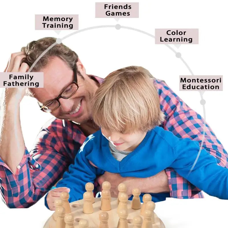 A father and son play a wooden memory match stick chess game together, illustrating family parenting and memory training.