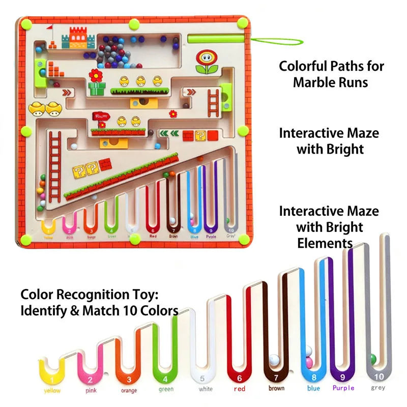 A colorful magnetic maze puzzle board with paths for marble runs and a color recognition toy featuring ten colored beads.