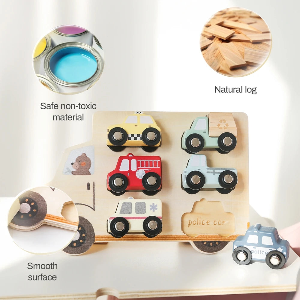 A wooden Montessori shape sorting puzzle featuring various vehicles like a yellow car, red truck, and police car.