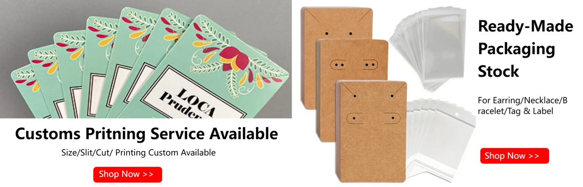 A display of square kraft jewelry cards with floral designs and a stack of white cards.