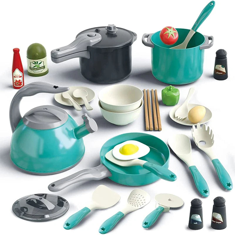 A kids pretend play kitchen set featuring various pots, pans, and wooden utensils in teal and gray.