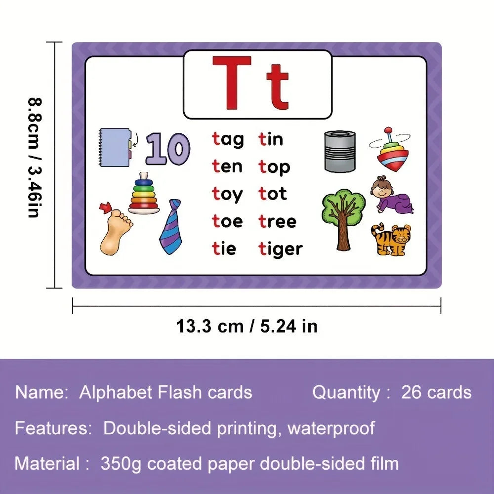A set of 26 double-sided alphabet flash cards showing letters from A to T with corresponding images.