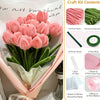 A craft kit featuring pink pipe cleaner tulips and roses with various decorative materials for floral arrangement