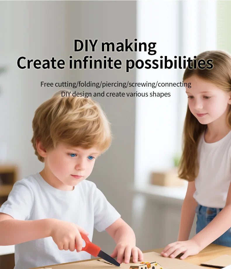 A young boy is using a craft knife to cut cardboard for a DIY making kit.