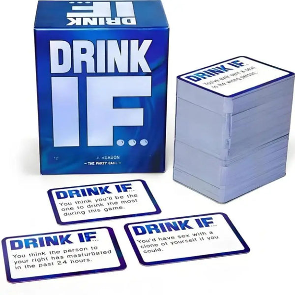 En eske med Drink IF voksen drikkespillkort med tittel og instruksjoner.