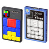 A black slide puzzle game box and a black puzzle board with colored tiles for kids