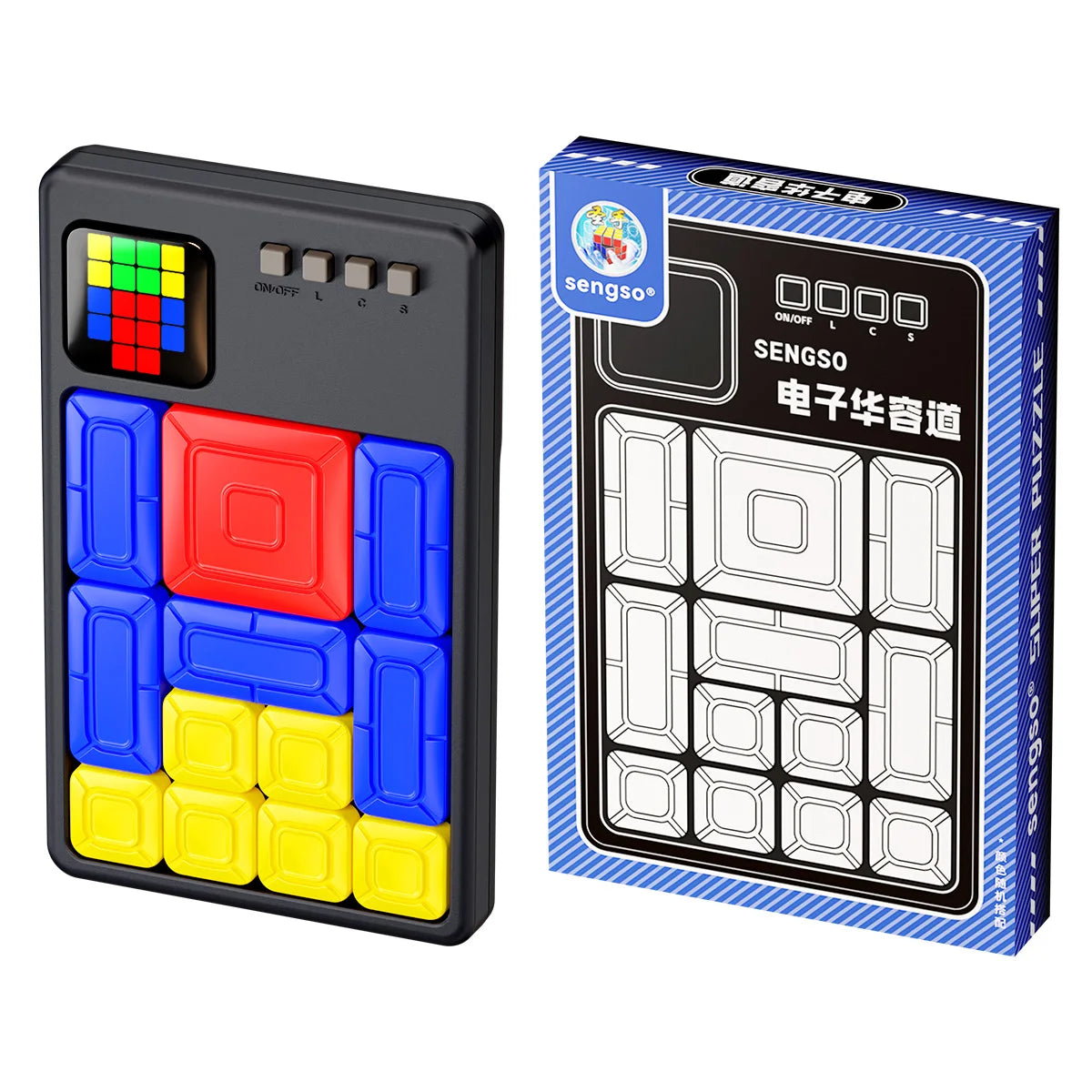 A black slide puzzle game box and a black puzzle board with colored tiles for kids