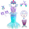 A purple and teal mermaid fantasy dress with a ruffled fishtail skirt and a crown accessory.