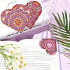 A set of six DIY mandala flower diamond art bookmarks featuring vibrant pink, orange, and purple patterns on a book.