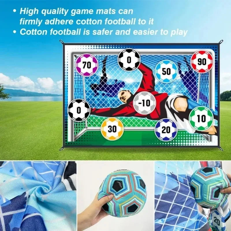 A soccer game mat set with a ball and various numbered targets for indoor and outdoor play.