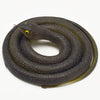 A dark rubber snake toy with a yellow eye is coiled on a white background.