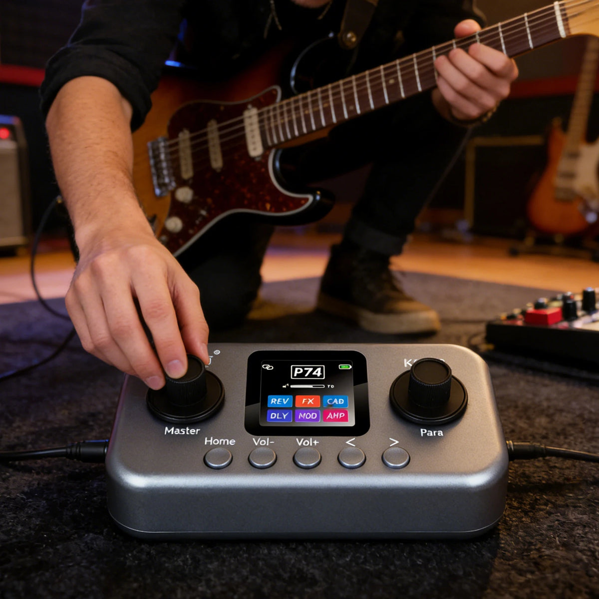 A hand is adjusting the controls of a gray portable guitar and bass multi-effects processor on a dark surface.