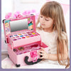A young girl is holding an open pink princess pretend play makeup set with various colorful cosmetic items.