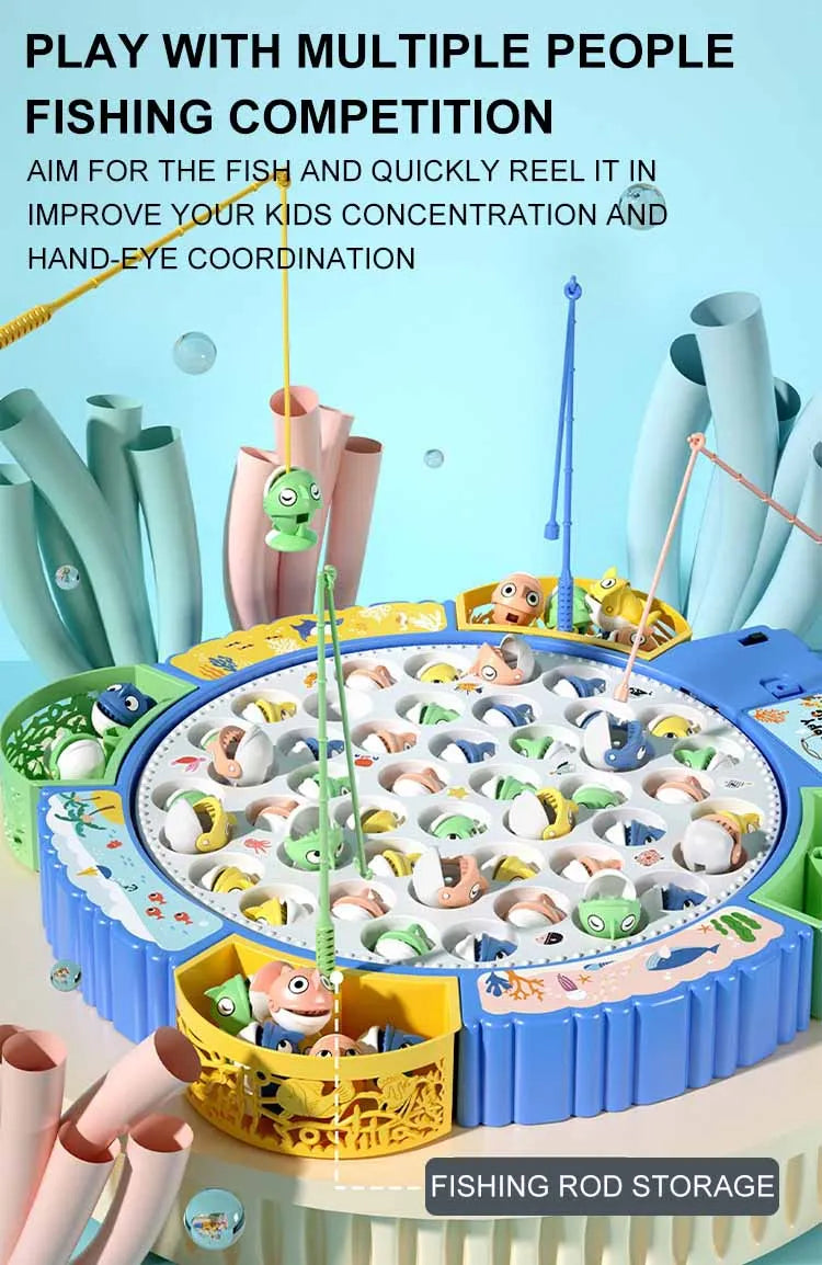 A colorful magnetic rotating fishing game plate with rods and fish for a kids' concentration competition.