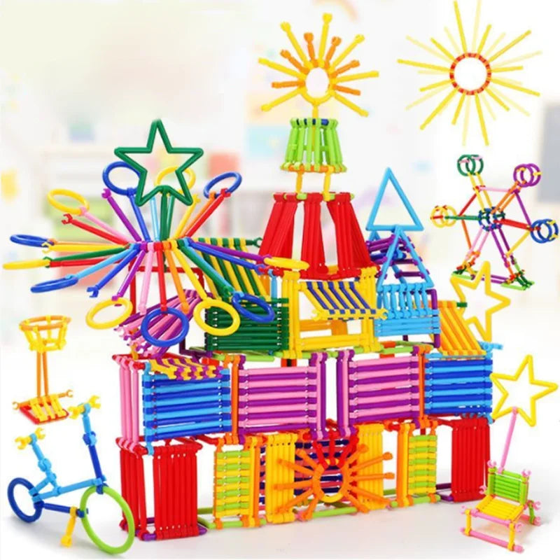 A colorful set of creative DIY stick building blocks featuring various shapes and colors like green, red, yellow, blue, and p