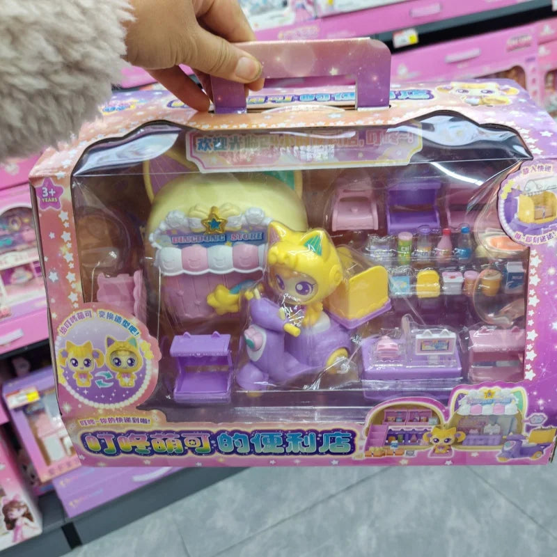 A packaged collectible figure of a yellow and purple character named Teenieping Shining Meteor Aurora Doll in a clear plastic