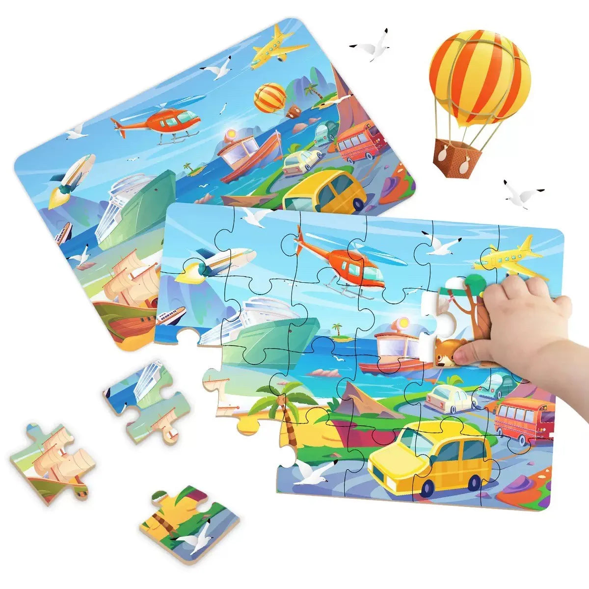 A colorful jigsaw puzzle depicting various animals and scenes for children.