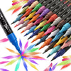A set of 48 color dual-tip glitter brush markers arranged in a fan pattern with vibrant colors.