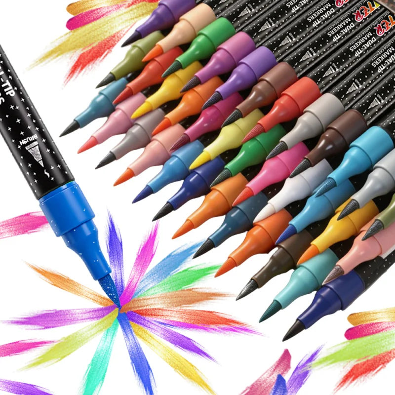 A set of 48 color dual-tip glitter brush markers arranged in a fan pattern with vibrant colors.