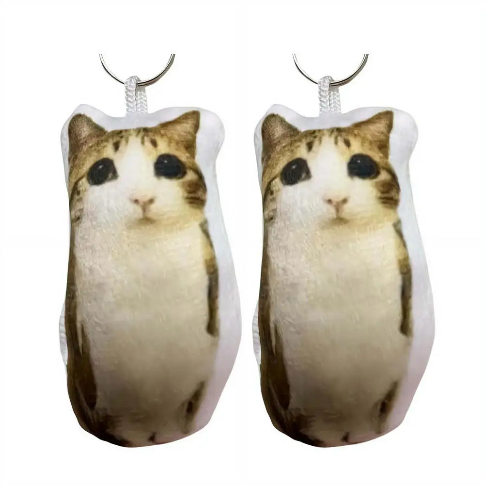 A plush keychain of a cat with brown and white markings, designed as a stress relief or fidget toy.
