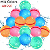A collection of 40 colorful reusable water balloons in various shades of pink, blue, and orange.
