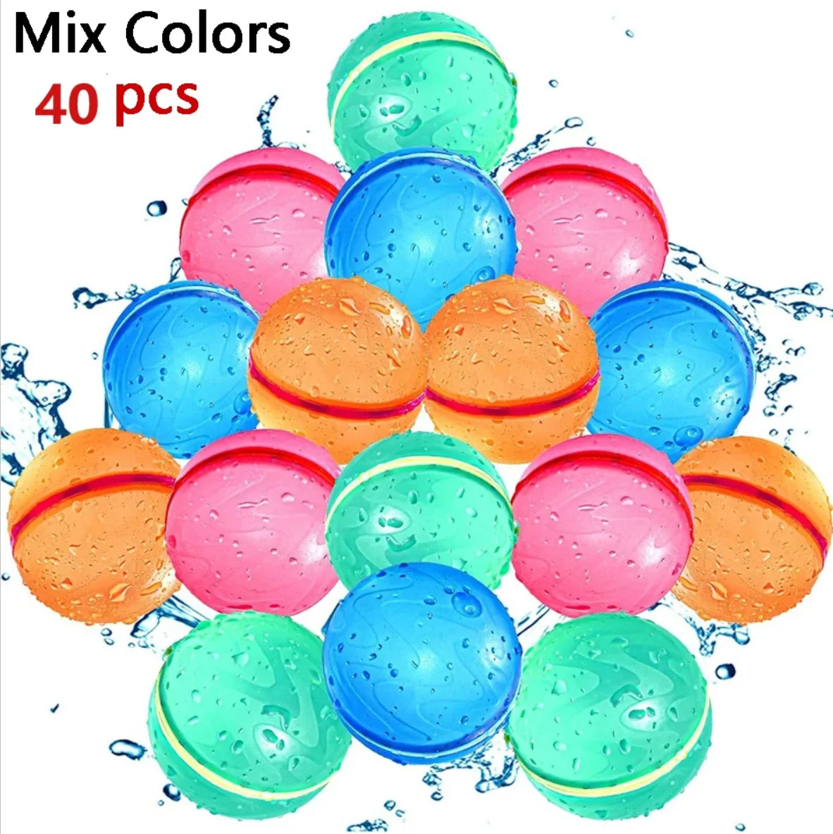 A collection of 40 colorful reusable water balloons in various shades of pink, blue, and orange.