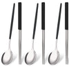 A set of six stainless steel Korean dinnerware pieces and chopsticks displayed vertically.