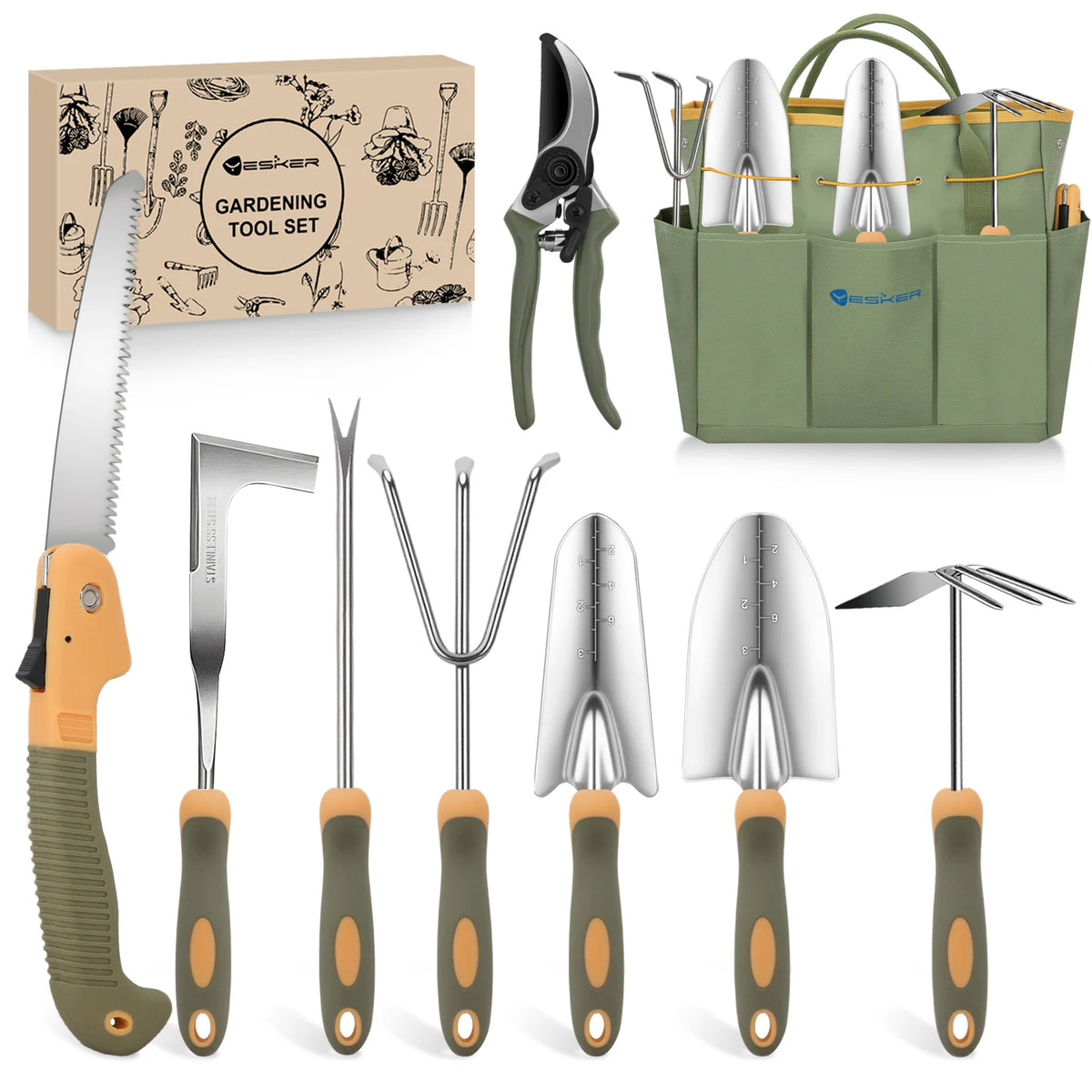 9-Piece Heavy Duty Gardening Tool Set with Ergonomic Handles and Storage Bag
